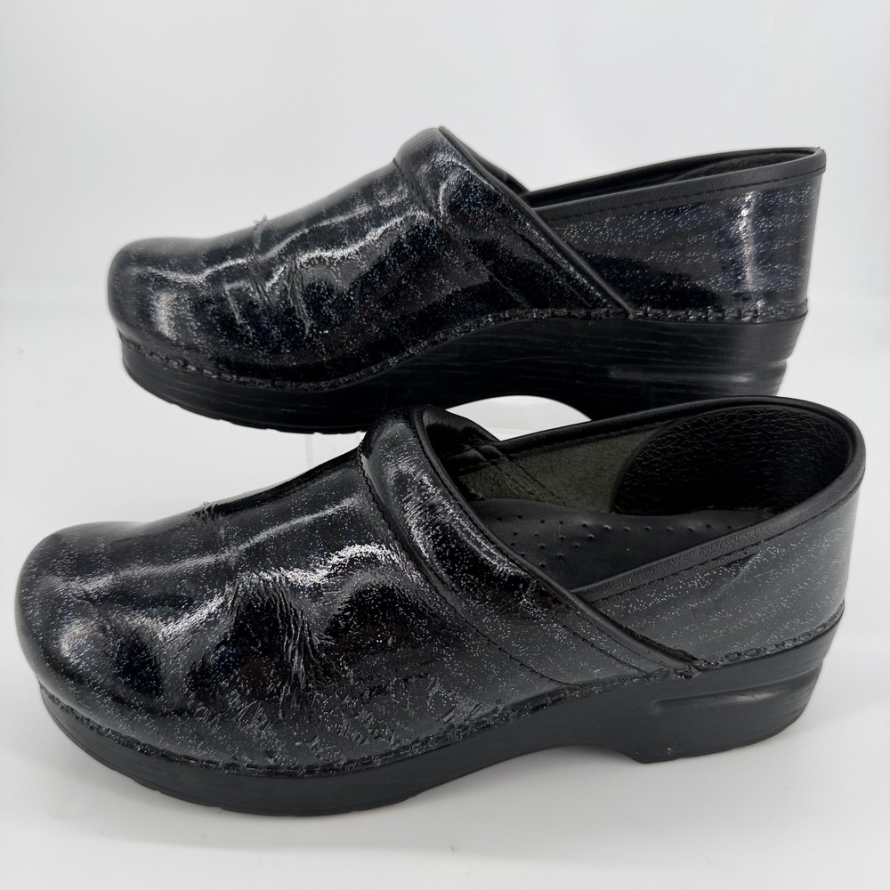 Dansko Professional Clogs Black Galaxy Glitter Patent Leather Shoes Size 39